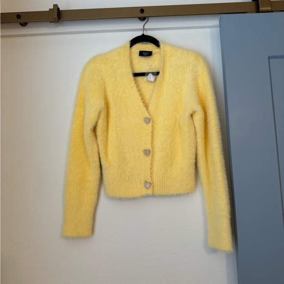 NWT VICI Yellow Fuzzy Knit Pearl Heart Button Front Cardigan- Size Small - Picture 6 of 13
